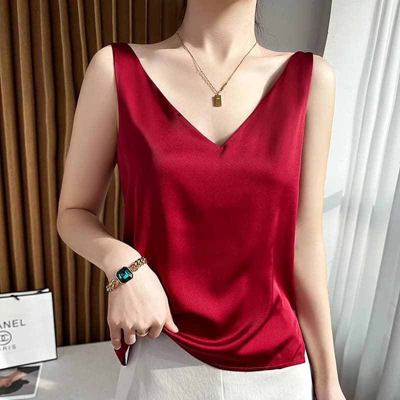 Silk Satin Women Double Shoulder Camisole Tank Top V-neck Sleeveless Top T-shirt Elegant Crop Top Solid Casual Basic 2025 Summer