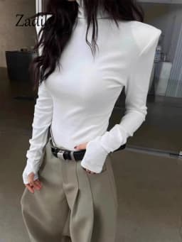 Women's High Neck Long Sleeve Top 2026 Spring New Korean Minimalist No Cuff Sleeve Design Structured Shoulder Slim Fit Knitwear