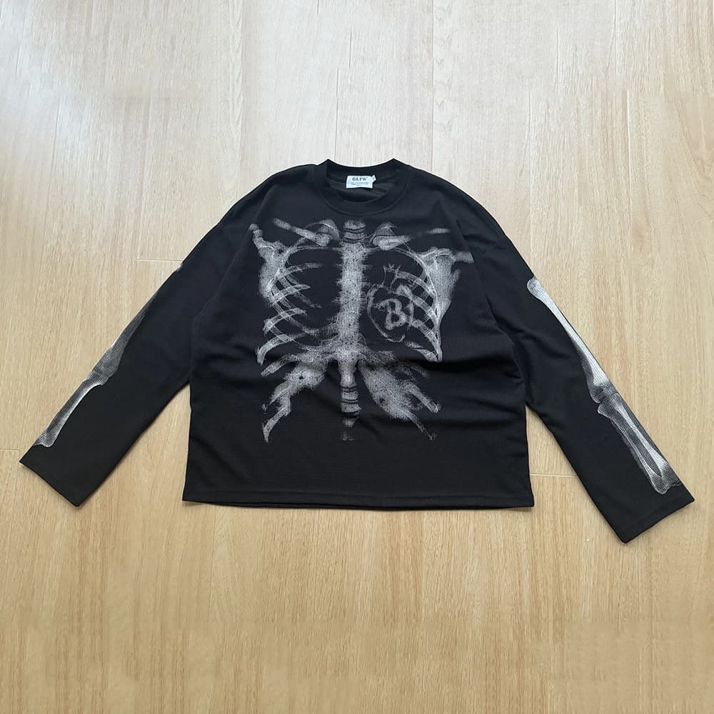 Unisex Y2K Gothic Bone Skeleton Print Long Sleeve T-shirts Streetwear Crew Neck Cotton Loose Autumn Top Tees