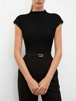 Women's High Neck Cap Sleeve Blouse Knit Fitted Top Minimalist Valentine Spring Summer Black Pants Chic Daily Lightweight Top