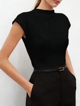Women's High Neck Cap Sleeve Blouse Knit Fitted Top Minimalist Valentine Spring Summer Black Pants Chic Daily Lightweight Top