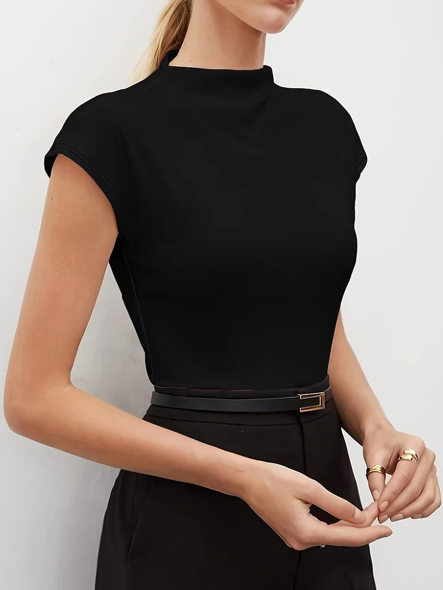 Women's High Neck Cap Sleeve Blouse Knit Fitted Top Minimalist Valentine Spring Summer Black Pants Chic Daily Lightweight Top