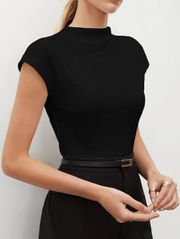 Women's High Neck Cap Sleeve Blouse Knit Fitted Top Minimalist Valentine Spring Summer Black Pants Chic Daily Lightweight Top