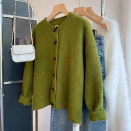 Green Knitted Cardigan Sweater Coat 2025 Women's Autumn Winter Thickened Soft Outerwear Fashion Horn Buckle Knitwears Sweater