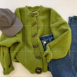 Green Knitted Cardigan Sweater Coat 2025 Women's Autumn Winter Thickened Soft Outerwear Fashion Horn Buckle Knitwears Sweater