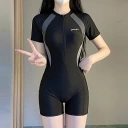 Women's Short Sleeve One-Piece Rash Guard Swimsuit Zip-Front Color Block Sport Bathing Suit for Surfing and Water Sports