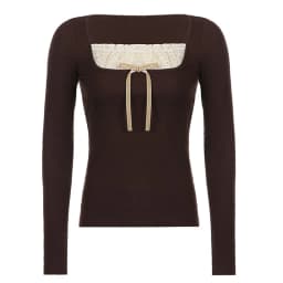 Women's Coquette y2k Top Long Sleeve Knitted Tops Lace Stitching Neckline Knitwear Bowknot Decoration Brown Tees Casual Pullover