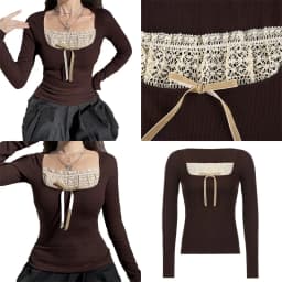 Women's Coquette y2k Top Long Sleeve Knitted Tops Lace Stitching Neckline Knitwear Bowknot Decoration Brown Tees Casual Pullover