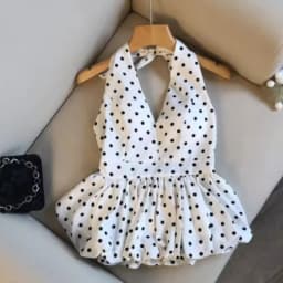 Backless Sexy Halter Beach Babydoll Crop Tops Women Polka Dots V Neck Sleeveless T Shirt Ruffles Basic Tee Not-Padded Pad Casual