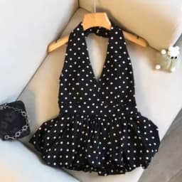 Backless Sexy Halter Beach Babydoll Crop Tops Women Polka Dots V Neck Sleeveless T Shirt Ruffles Basic Tee Not-Padded Pad Casual