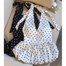 Backless Sexy Halter Beach Babydoll Crop Tops Women Polka Dots V Neck Sleeveless T Shirt Ruffles Basic Tee Not-Padded Pad Casual