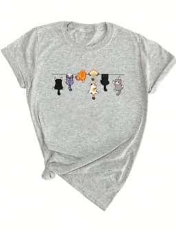 Women's Cute Cat Print Round Neck Short Sleeve Casual T-Shirt White Short Sleeve with Unique Cat Print Clothing Tee Female Tops
