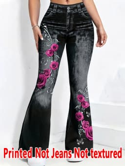 1253 [Printed Pants - Not Denim Fabric] Floral Print Flare Pants - Non-Denim Fabric, Women's Trousers,