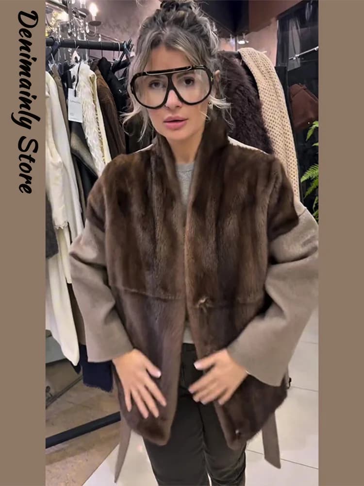 Women's Faux Fur Patchwork Jacket Belt Stand Collar Full Sleeve Hidden Button Lace Up Loose Jackets 2026 Autumn Winter Lady Coat