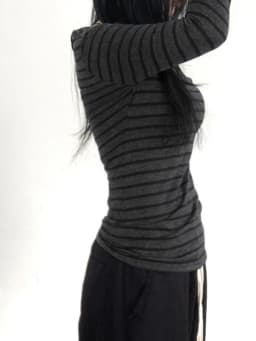 Harajuku Basic Slim Long Sleeve Stripe Tee Off Shoulder O Neck Korean Street Style Spring Autumn Y2K Women's Gray T Shirt
