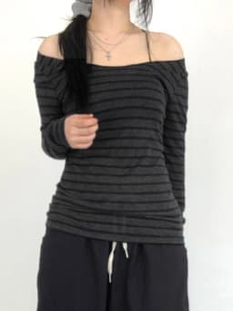Harajuku Basic Slim Long Sleeve Stripe Tee Off Shoulder O Neck Korean Street Style Spring Autumn Y2K Women's Gray T Shirt