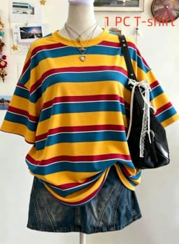 Summer Y2K Striped Print Casual Oversized Round Neck Drop Shoulder Women Short Sleeve T-shirt Street Casual Sports Top