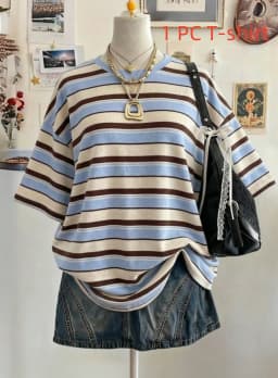 Summer Y2K Striped Print Casual Oversized Round Neck Drop Shoulder Women Short Sleeve T-shirt Street Casual Sports Top
