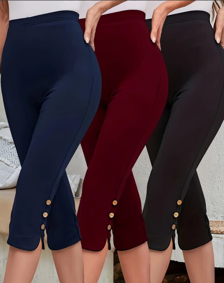 High-Waisted Elastic Seven-Foot Pants Women's Mid-Calf Trousers Base Layer Clothing with Button Detail