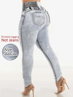 Women's Imitation Denim Printed Leggings, Non-Denim Fabric Casual Skinny Pants, Outdoor Sports Yoga Pants