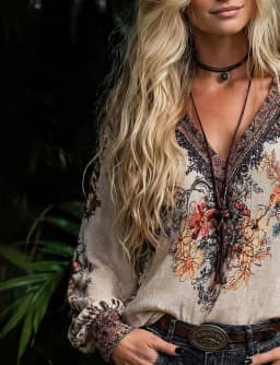 Plus-Size Women's Bohemian Style Printed V-Neck Long-Sleeve Shirt, Regular Fit Woven Fabric, Suitable for Autumn Wear