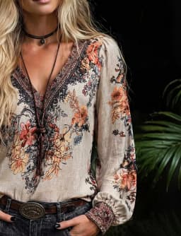 Plus-Size Women's Bohemian Style Printed V-Neck Long-Sleeve Shirt, Regular Fit Woven Fabric, Suitable for Autumn Wear