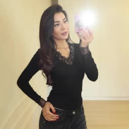 Women's V-neck Lace Splicing Top European American Style Casual Wear Autumn New Waist Exposed Fashionable Umbilical