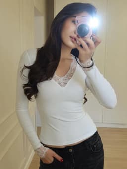 Women's V-neck Lace Splicing Top European American Style Casual Wear Autumn New Waist Exposed Fashionable Umbilical