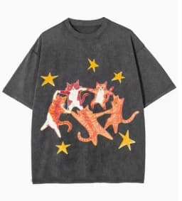 Y2K Style Summer Hip-hop T-shirt Dancing Cat Star Print Unisex Retro T-shirt Top Loose Summer Short Sleeved Shirts