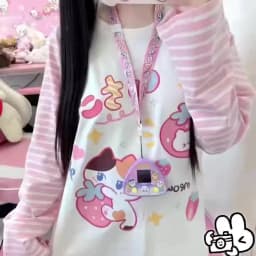 Kawaii Cartoon Tshirt Hip Hop Pink T-shirt Boyfriend Korea T Shirt Long Sleeve Loose Striped Tshirt Streetwear Autumn Tops Girl
