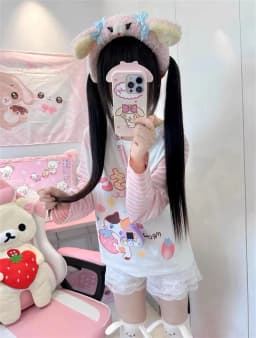 Kawaii Cartoon Tshirt Hip Hop Pink T-shirt Boyfriend Korea T Shirt Long Sleeve Loose Striped Tshirt Streetwear Autumn Tops Girl