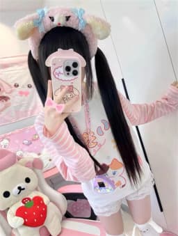 Kawaii Cartoon Tshirt Hip Hop Pink T-shirt Boyfriend Korea T Shirt Long Sleeve Loose Striped Tshirt Streetwear Autumn Tops Girl