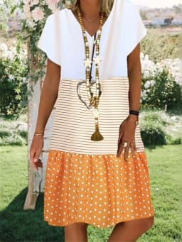Summer-Essential V-Neck Dress: Striped & Polka Dot, Knee-High Casual Tunic for Women - Durable,Easy-Care Fabric