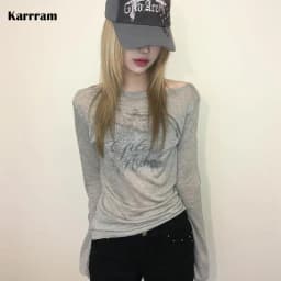 Karrram Japanese Y2k Letter Print Knitted Tops Korean 2000s Long Sleeve Knit T-shirt Vintage Harajuku Streetwear American Retro