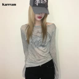 Karrram Japanese Y2k Letter Print Knitted Tops Korean 2000s Long Sleeve Knit T-shirt Vintage Harajuku Streetwear American Retro