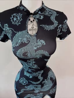 National Trend Style Dragon Pattern Improved Cheongsam, Short-Sleeved Stand-Up Collar with Buttoned Sexy Slit Short Skirt