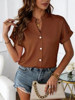 European Style Simple V-Neck Blouse for Women - Summer Short-Sleeved Loose-Fitting Slimming Professional Business Shirt