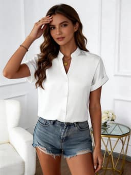 European Style Simple V-Neck Blouse for Women - Summer Short-Sleeved Loose-Fitting Slimming Professional Business Shirt