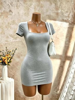 Women Square Neck Short Sleeve Bodycon Mini Dress Solid Black Slim Fit Pencil Club Party Night Out Tight Short Dresses