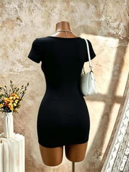 Women Square Neck Short Sleeve Bodycon Mini Dress Solid Black Slim Fit Pencil Club Party Night Out Tight Short Dresses