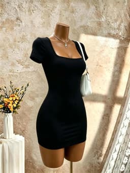 Women Square Neck Short Sleeve Bodycon Mini Dress Solid Black Slim Fit Pencil Club Party Night Out Tight Short Dresses
