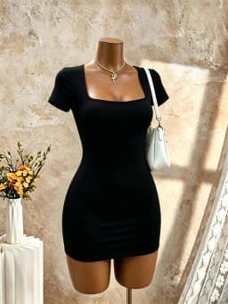 Women Square Neck Short Sleeve Bodycon Mini Dress Solid Black Slim Fit Pencil Club Party Night Out Tight Short Dresses