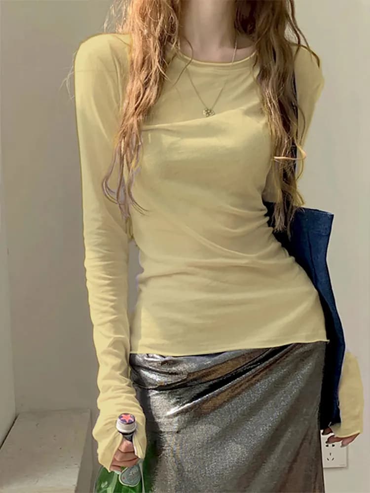 Zjaiss 2026 Spring Casual Lazy Style Women's Long Sleeve T-Shirt Fashion Elegant Inner Wear Basic Top Rolled Edge Slim Fit Tee