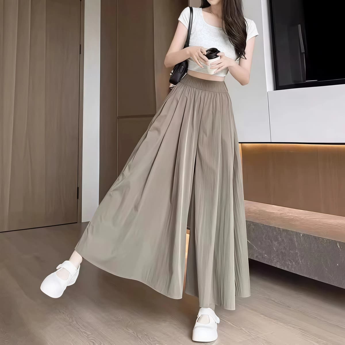 Women Summer Ice Silk Skirt Pants High Waist Elastic Pleated Wide Leg Pants Loose Flowy Lightweight Casual Long Palazzo Trousers