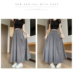 Women Summer Ice Silk Skirt Pants High Waist Elastic Pleated Wide Leg Pants Loose Flowy Lightweight Casual Long Palazzo Trousers