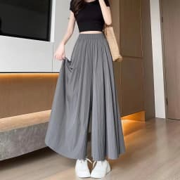 Women Summer Ice Silk Skirt Pants High Waist Elastic Pleated Wide Leg Pants Loose Flowy Lightweight Casual Long Palazzo Trousers