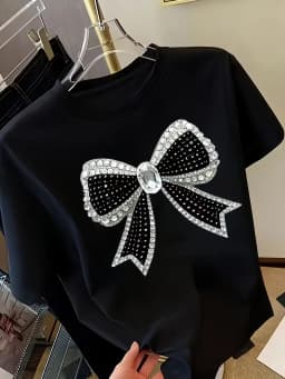 Elegant Bow and Diamond Print T-Shirt, Women's Fashionable Printed T-Shirt, Summer Short-Sleeve Street Style Party Nightclub Top