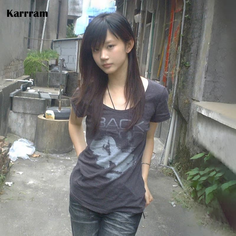 Karrram Japanese Y2k Letter Print T-shirt Trashy 2000s Style Short Sleeve T Shirt Vintage Harajuku Streetwear Grunge Aesthetics