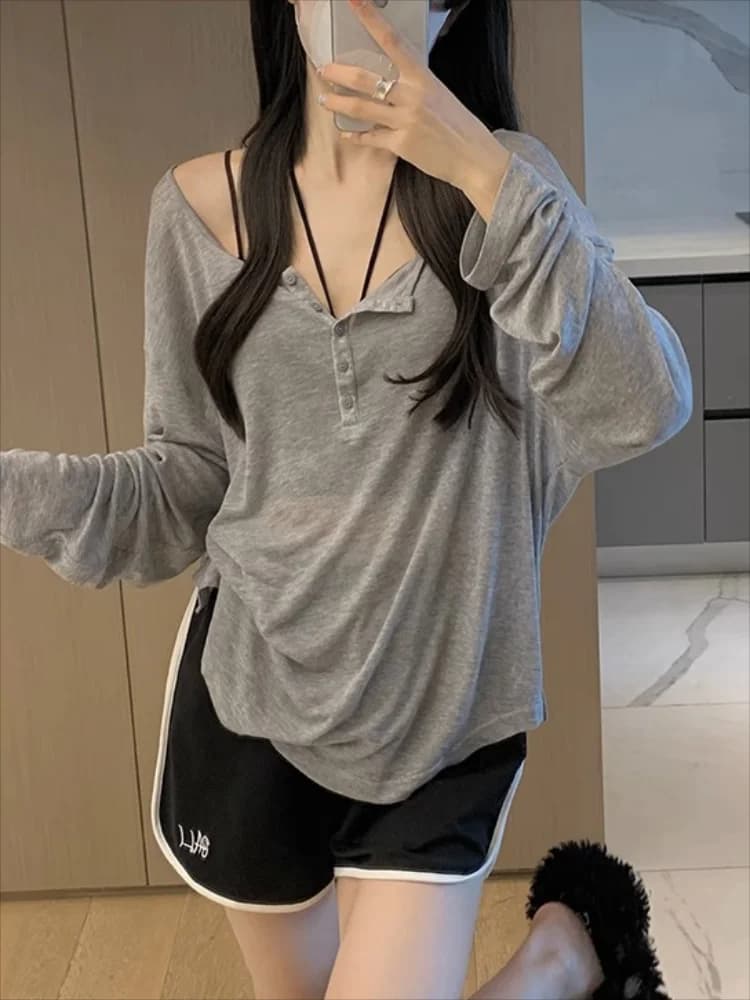 Sexy Pullovers Women T-shirts Casual Tops Long Sleeve Basic Clothes Autumn All-match Simple Tee Shirt Slim Gentle Seductive