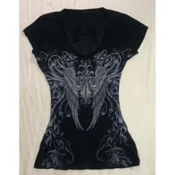 Y2K Gothic Women Fitted Short Sleeve Tee Black V‑Neck Lace Lining Angel Wing Cross Rhinestone Scroll Pattern Grunge Aesthetic Ca